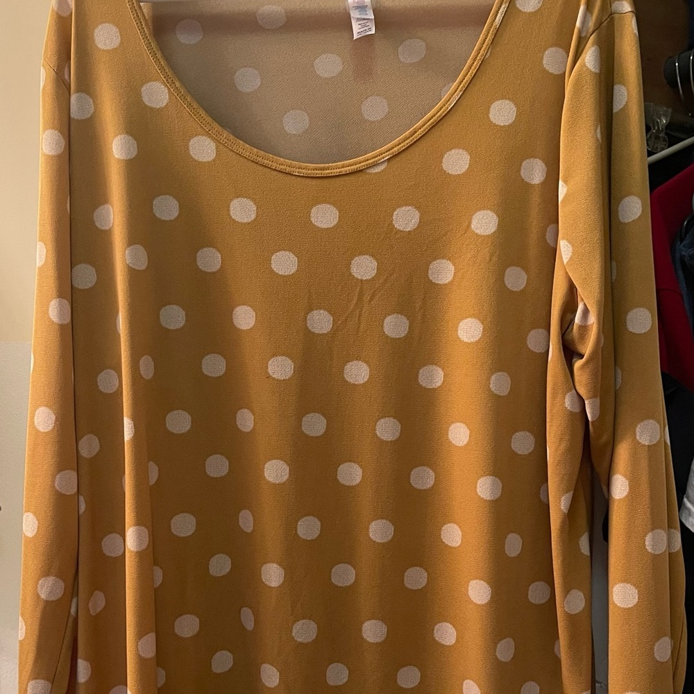 LuLaRoe Gold blouse with white polka dots